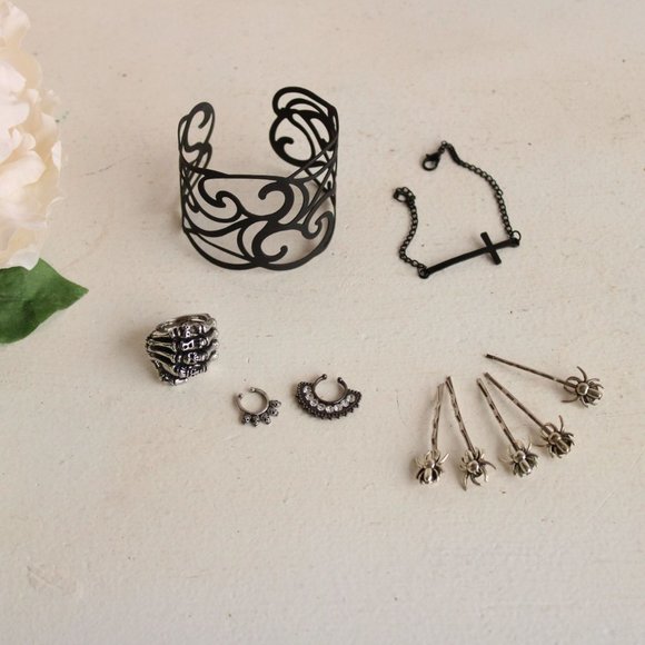 Lot of Goth Jewelry, Bracelets, Skeleton ring, Spider hair Pins,  Septum Rings - Picture 1 of 7